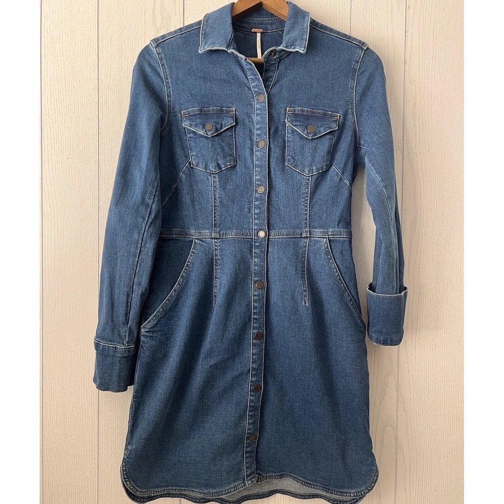 Free People Dynomite Denim Mini Dress Snap Front Shirt Sz S Coastal Cowgirl